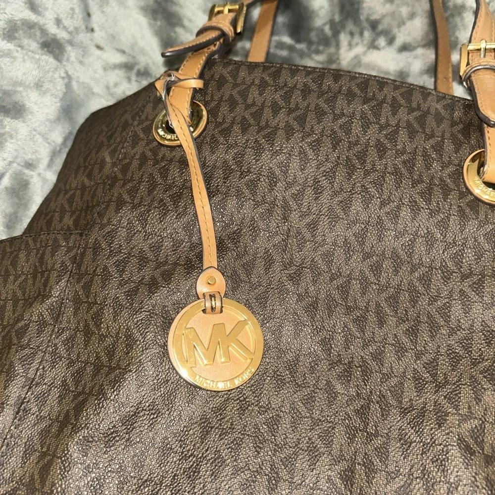 Michael Kors Jet Set Travel Large Mk Signature Logo Tote Handbag Brown 30S11T4B